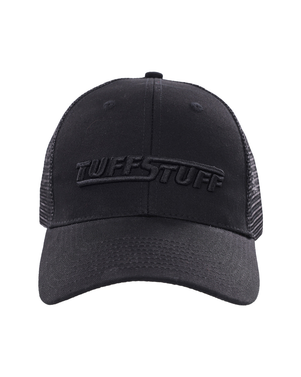 Black coloured TuffStuff Trucker Cap on White background