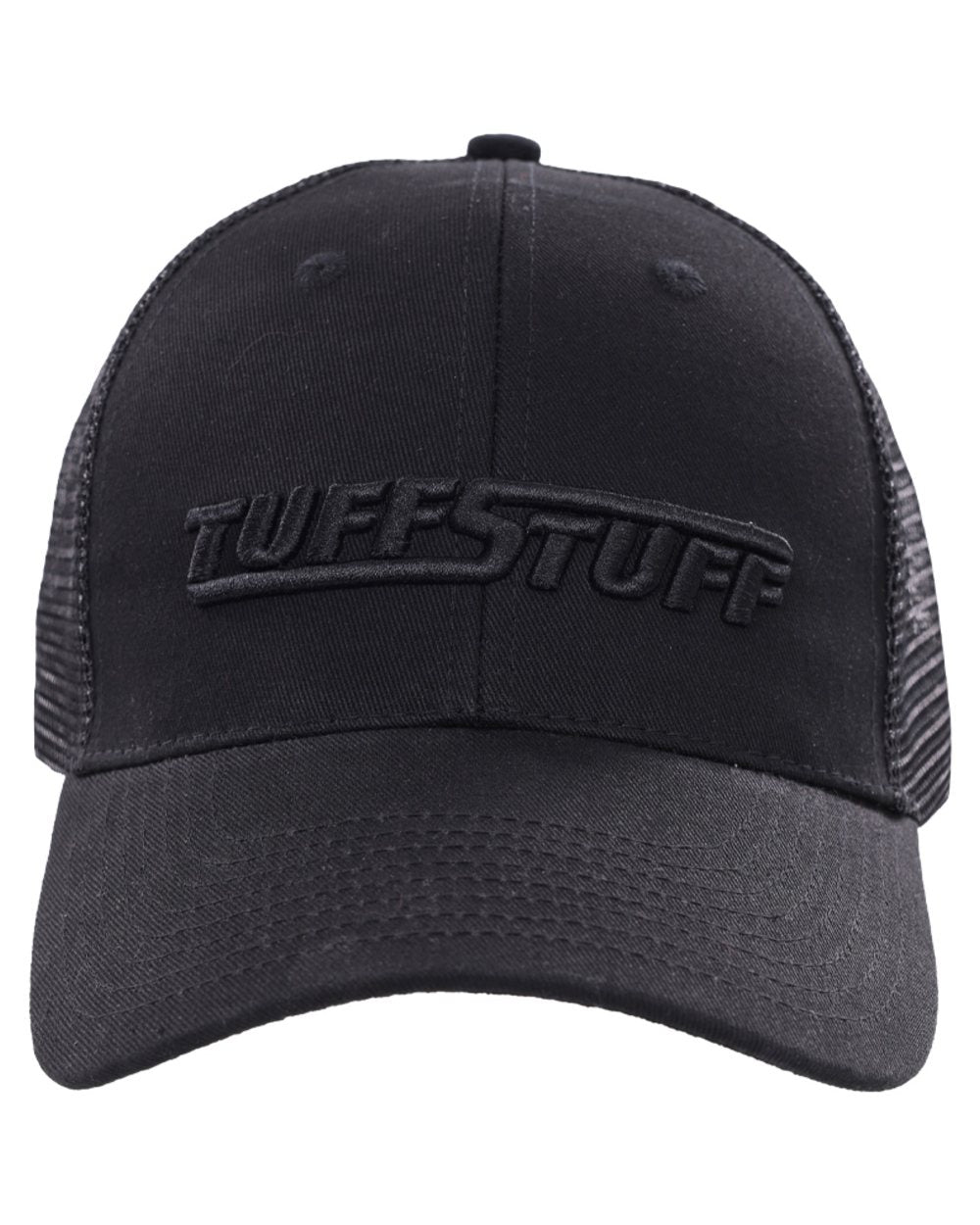 Black coloured TuffStuff Trucker Cap on white background
