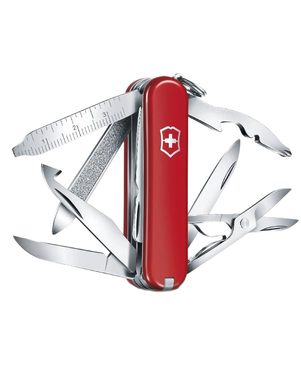 Red Coloured Victorinox Mini Champ Swiss Army Pocket Knife on white background