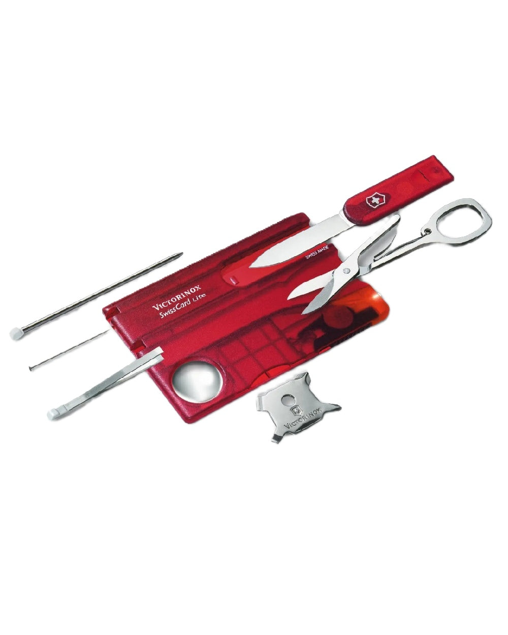 Red Transparent Coloured Victorinox Swiss Card Lite on white background
