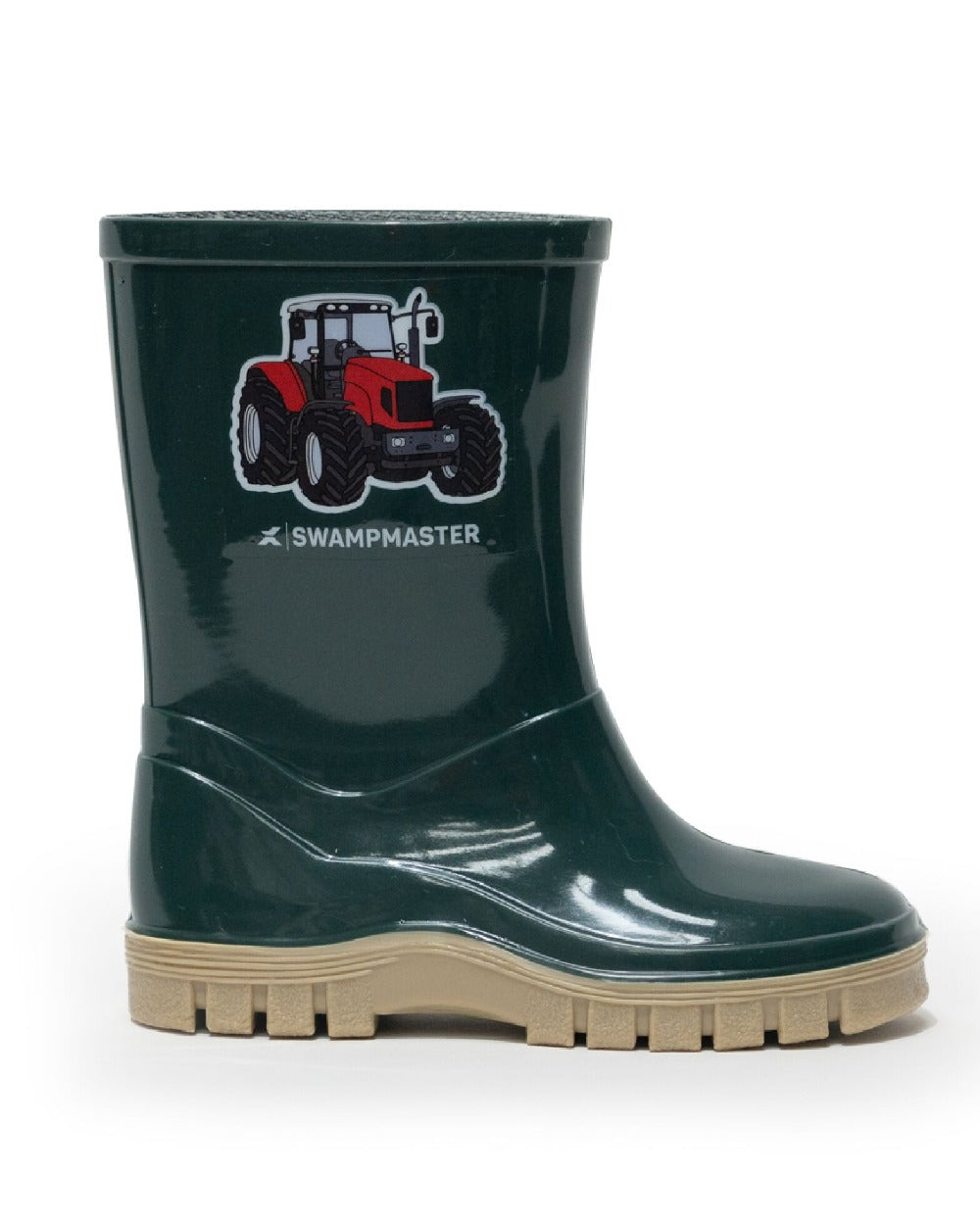 Green Beige coloured Xpert Kids Swampmaster Junior Tractor Wellington Boots on white background