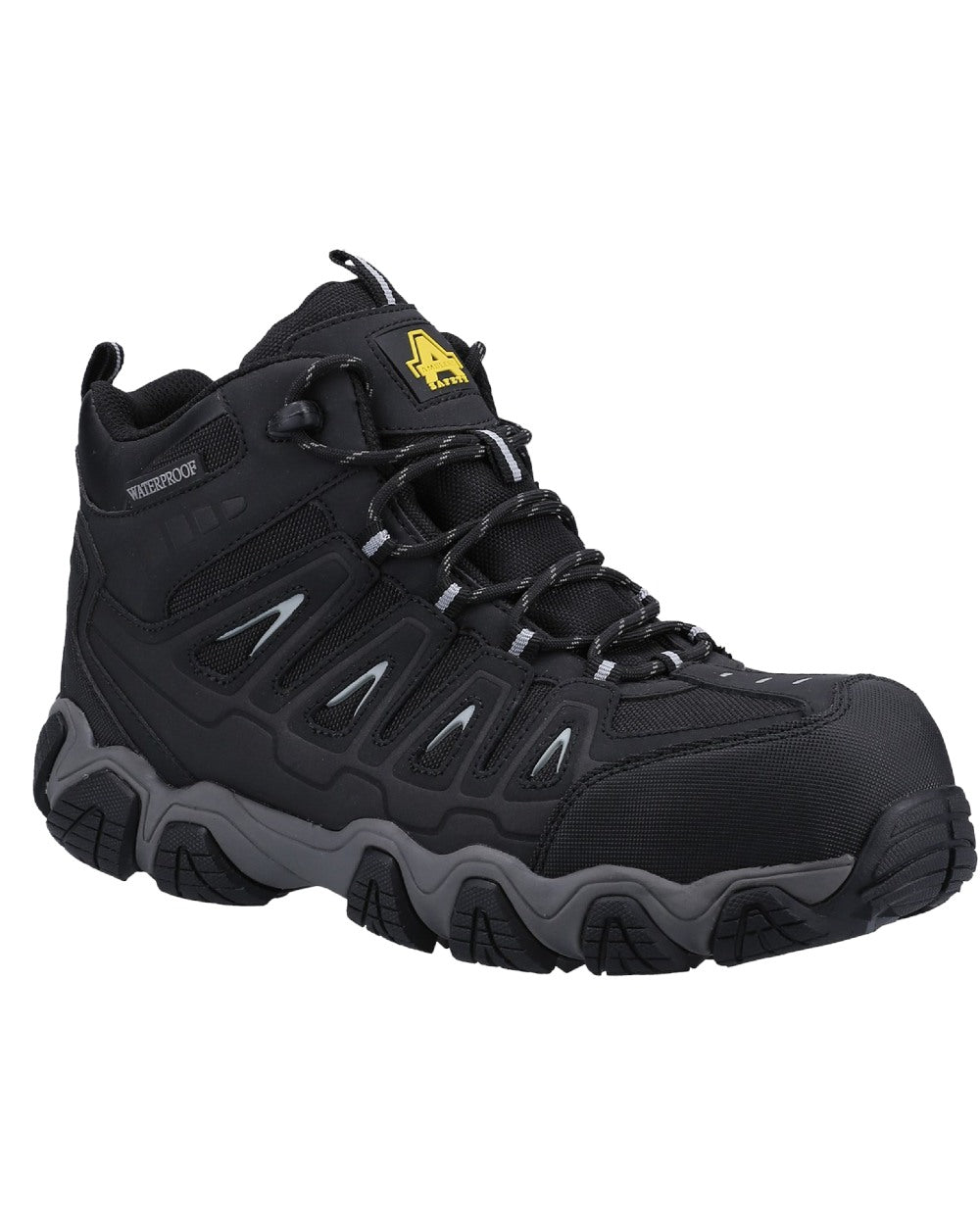 Black coloured Amblers Safety AS801 Rockingham Waterproof Safety Hiker Boots on white background