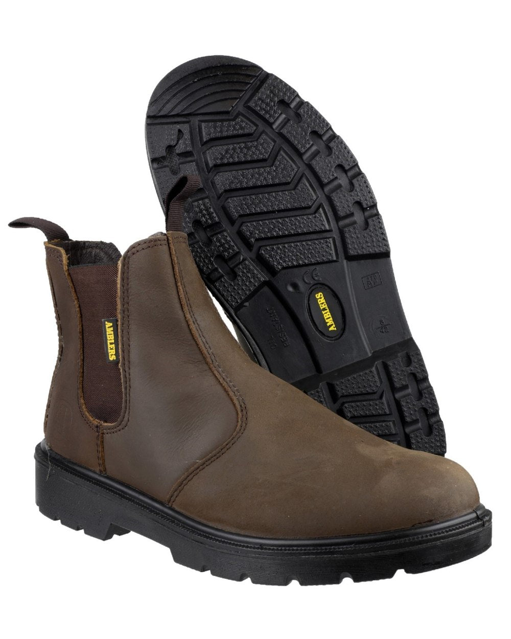 Brown Coloured Amblers Safety FS128 Hardwearing Pull On Safety Dealer Boots on a white back ground