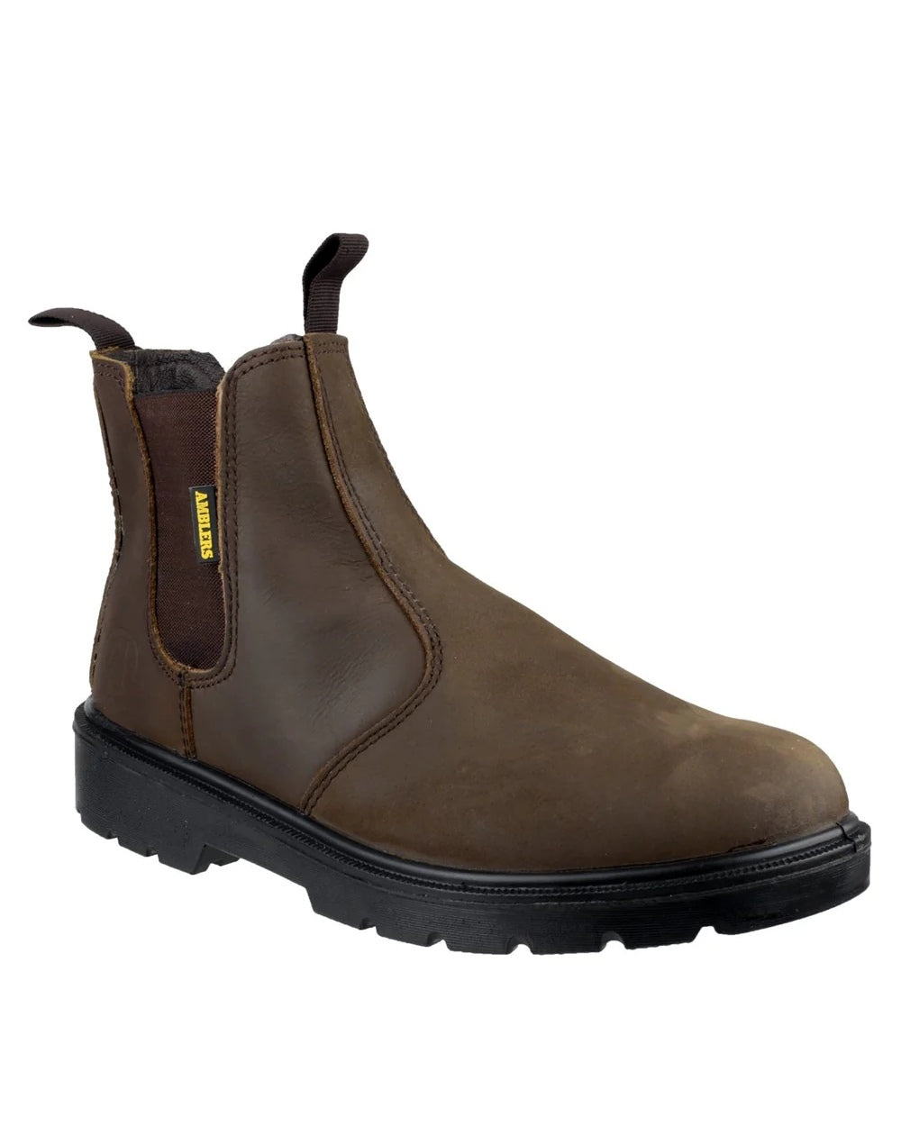 Brown Coloured Amblers Safety FS128 Hardwearing Pull On Safety Dealer Boots on a white back ground