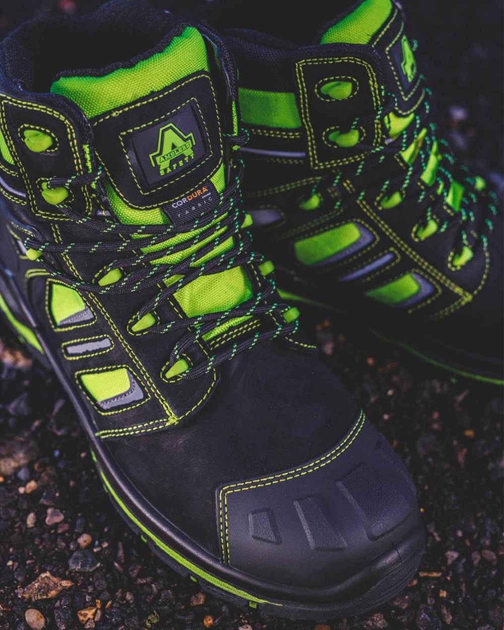 Yellow Coloured Amblers Safety Mens AS971C Radiant Safety Boots on a blurry background