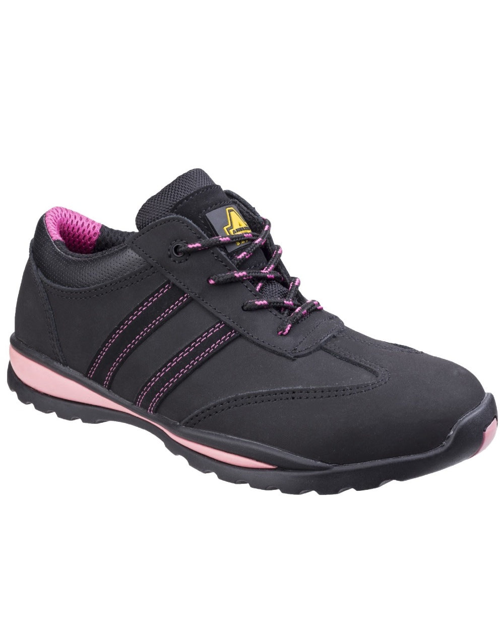 Black Pink Coloured Amblers Safety FS47 Safety Trainer on a white background