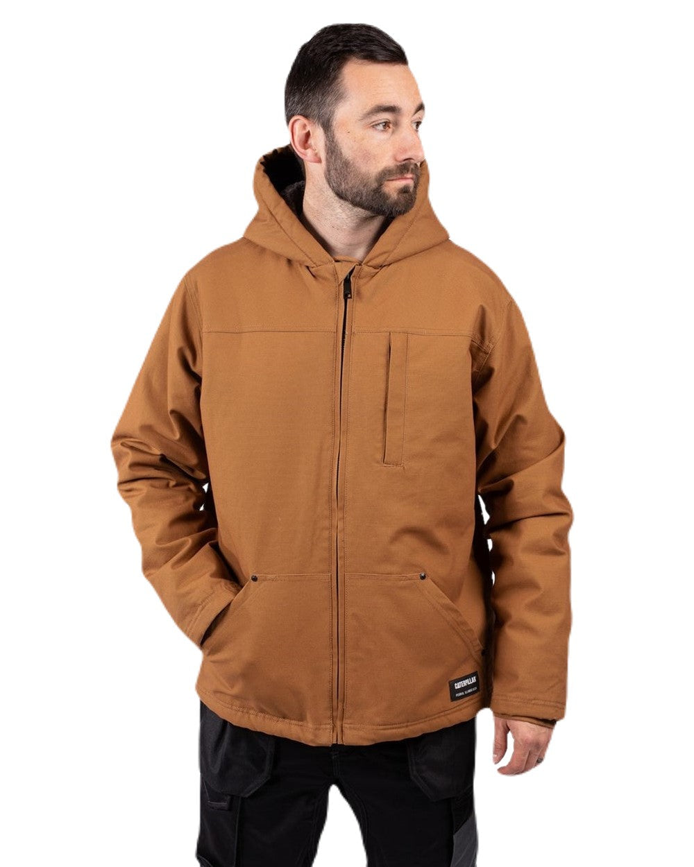 Bronze Coloured Caterpillar Mens Hooded Sherpa Lined Jacket on White Background