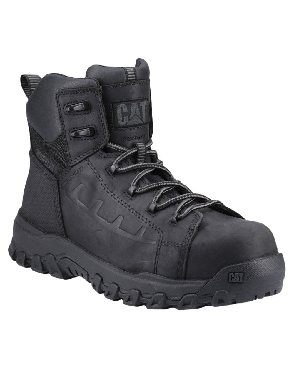 Black Coloured Caterpillar Threshold Rebound Safety Boots on White Background