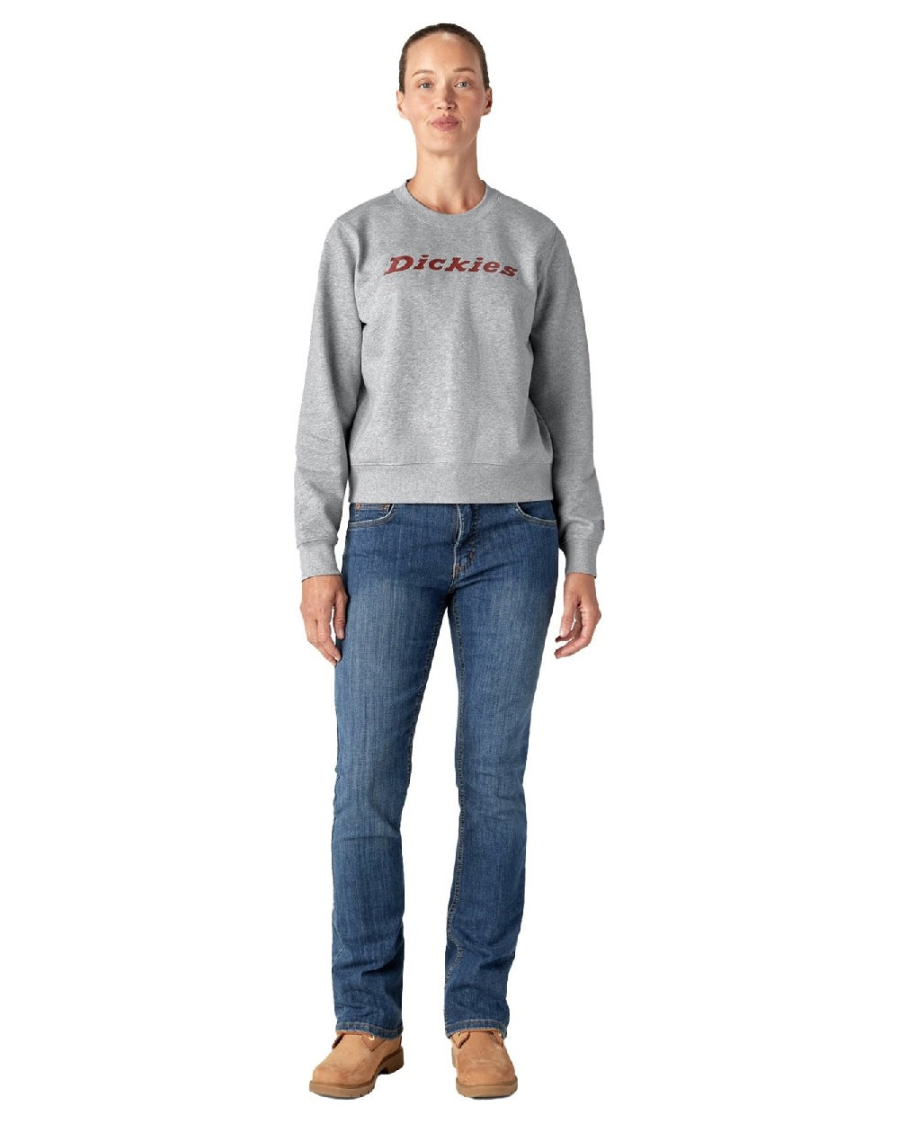 Heather Grey Coloured Dickies Womens Heavyweight Wordmark Crew Neck Fleece on White Background