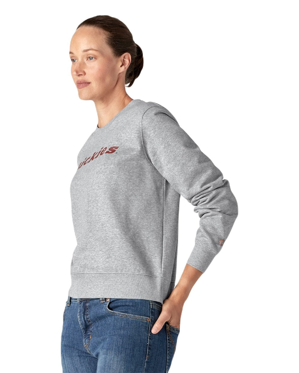 Heather Grey Coloured Dickies Womens Heavyweight Wordmark Crew Neck Fleece on White Background