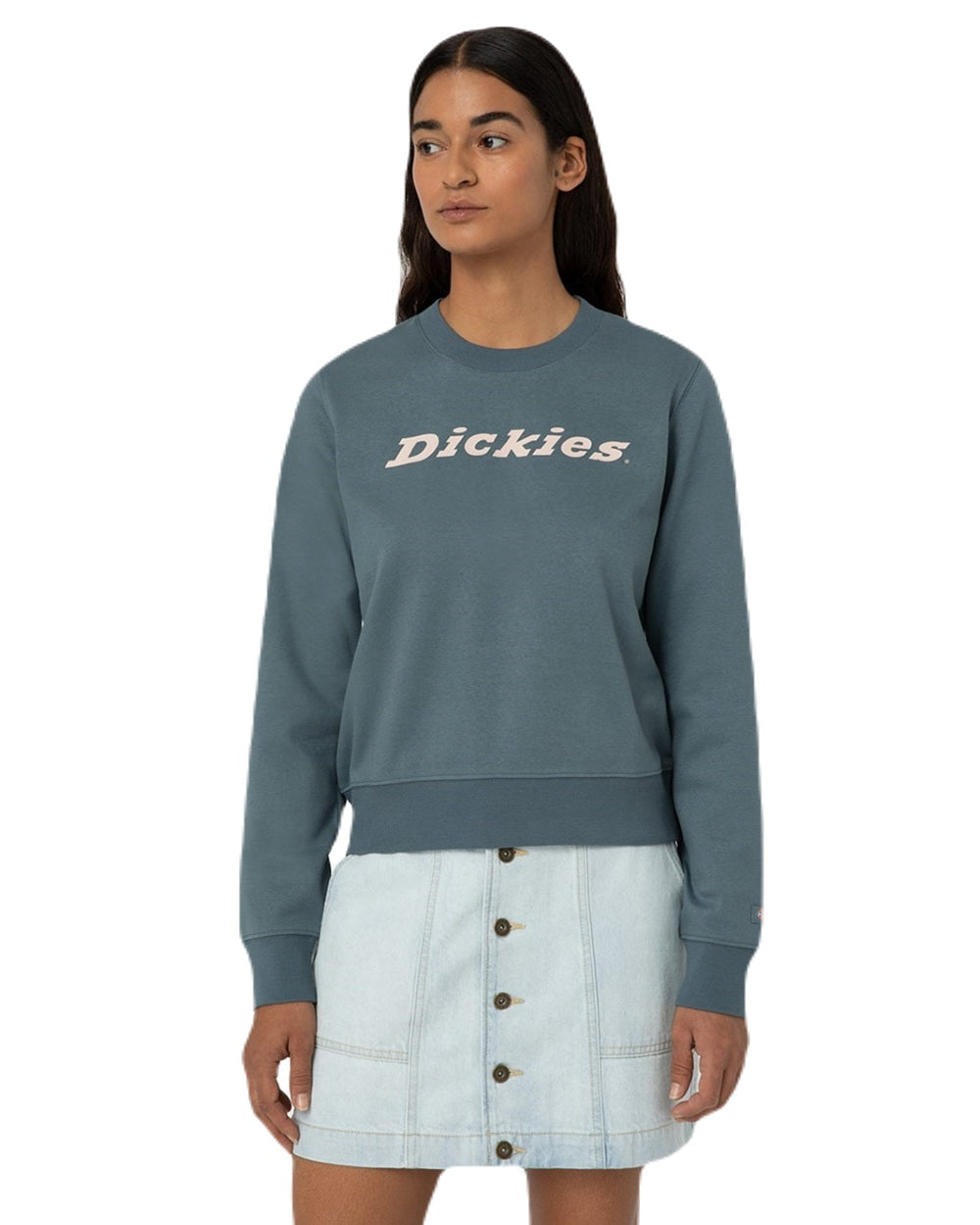 Stormy Weather Dickies Womens Heavyweight Wordmark Crew Fleece Neck on White Background