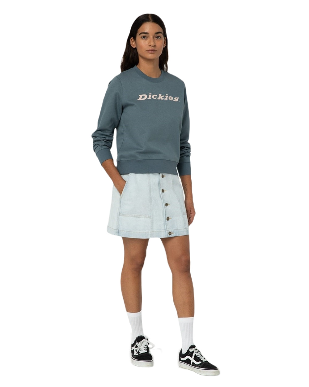 Stormy Weather Dickies Womens Heavyweight Wordmark Crew Fleece Neck on White Background