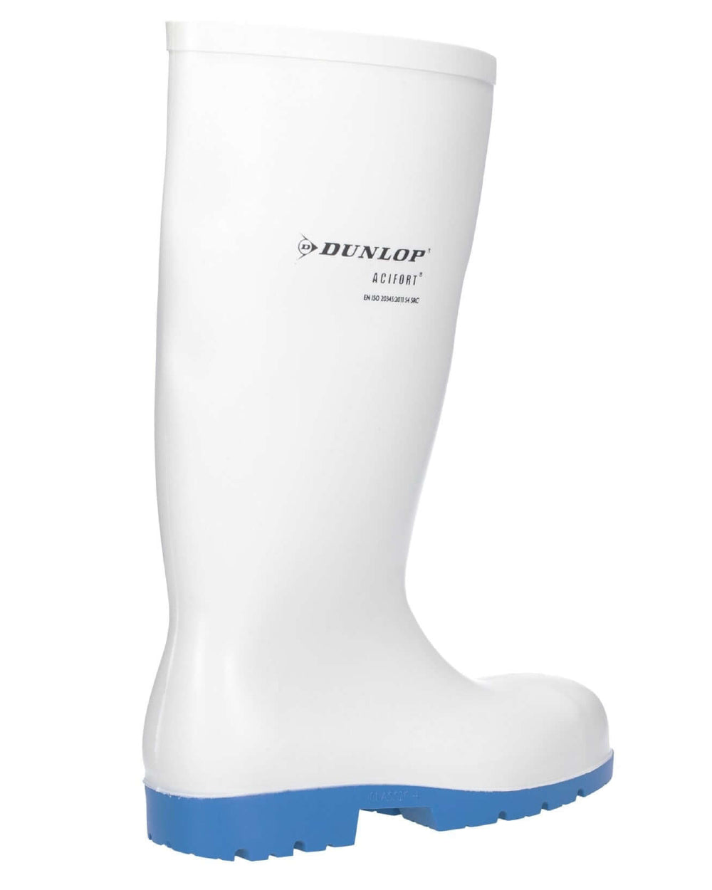 White coloured Dunlop Acifort Classic+ Waterproof Safety Wellingtons on white background