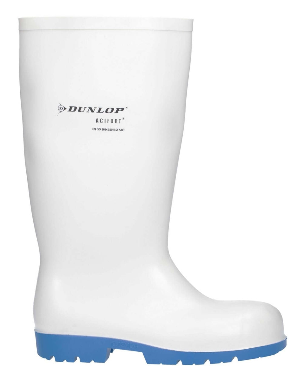 White coloured Dunlop Acifort Classic+ Waterproof Safety Wellingtons on white background