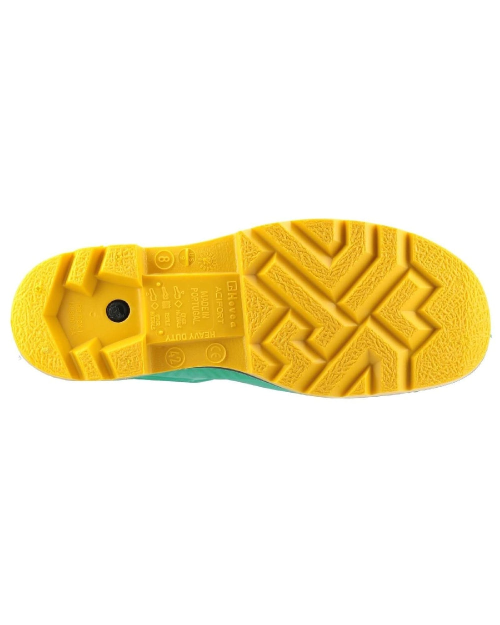 Green/Black/Yellow coloured Dunlop Acifort HazGuard Safety Wellingtons on white background