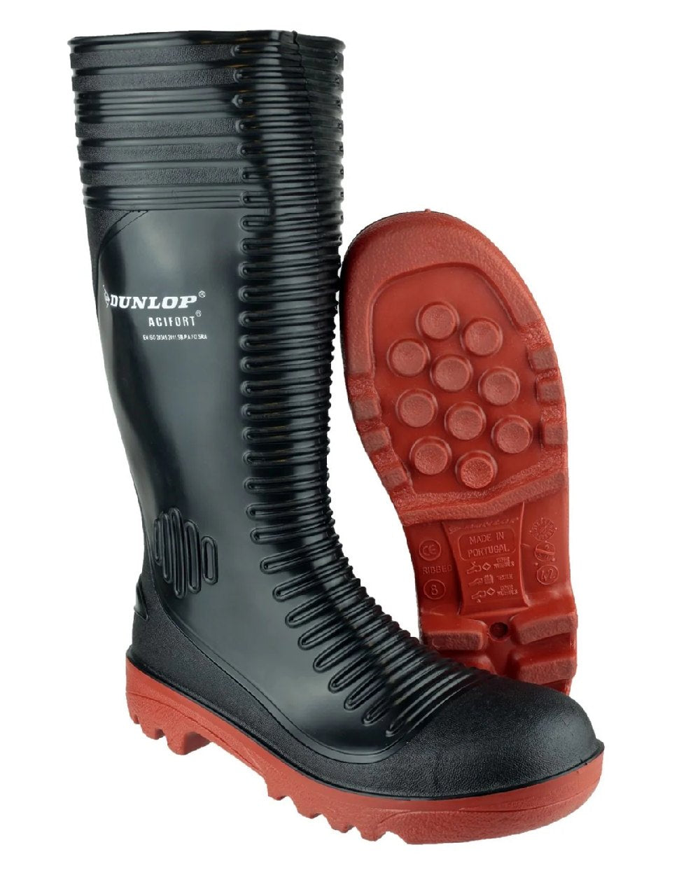 Black coloured Dunlop Acifort Ribbed Full Safety Wellingtons on white background