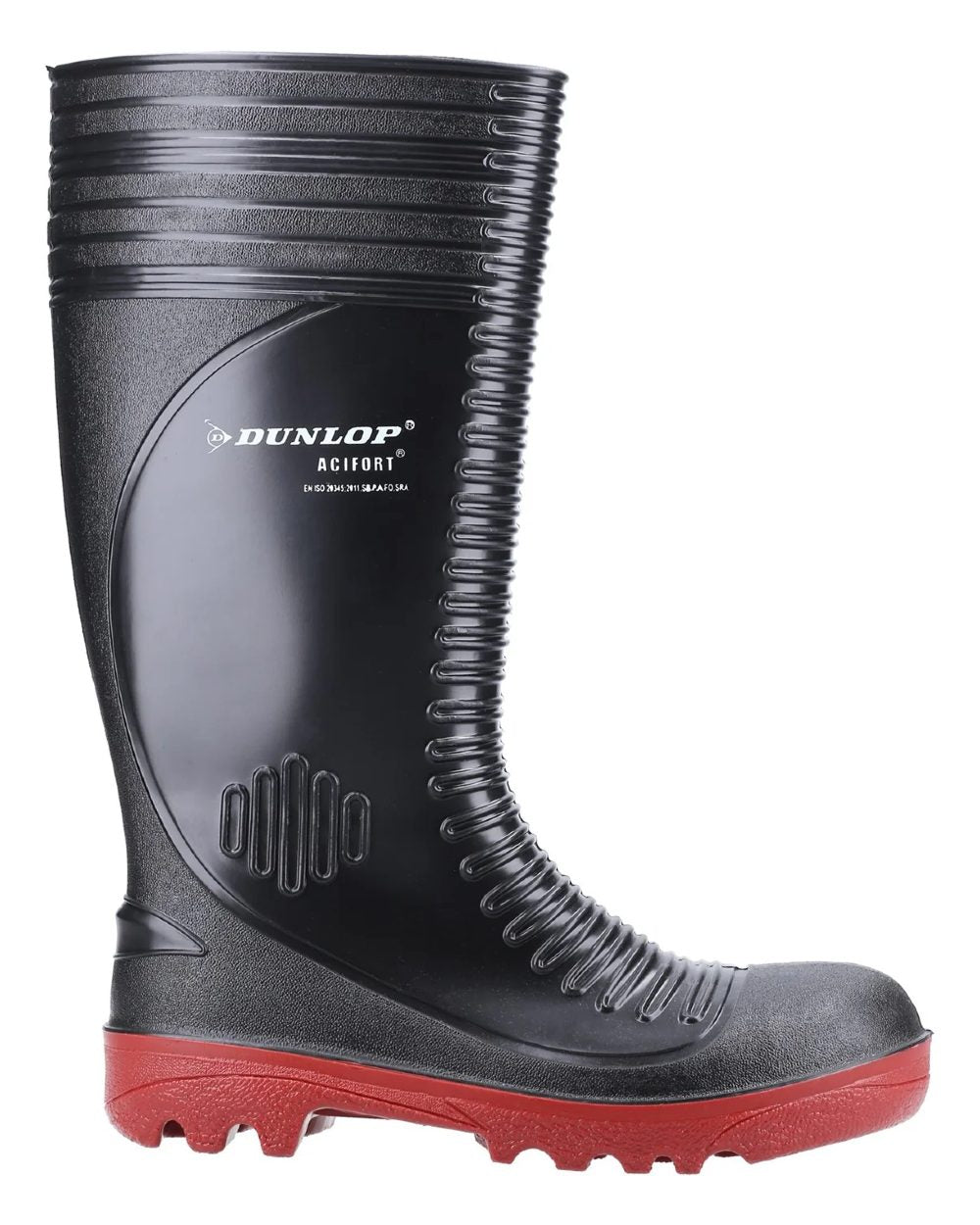 Black coloured Dunlop Acifort Ribbed Full Safety Wellingtons on white background