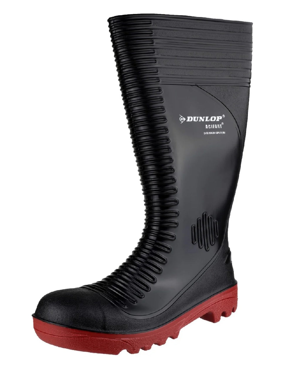 Black coloured Dunlop Acifort Ribbed Full Safety Wellingtons on white background