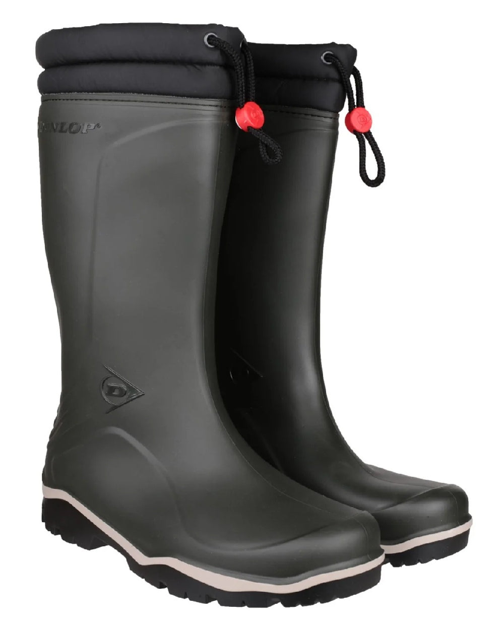 Green coloured Dunlop Blizzard Wellingtons on white background