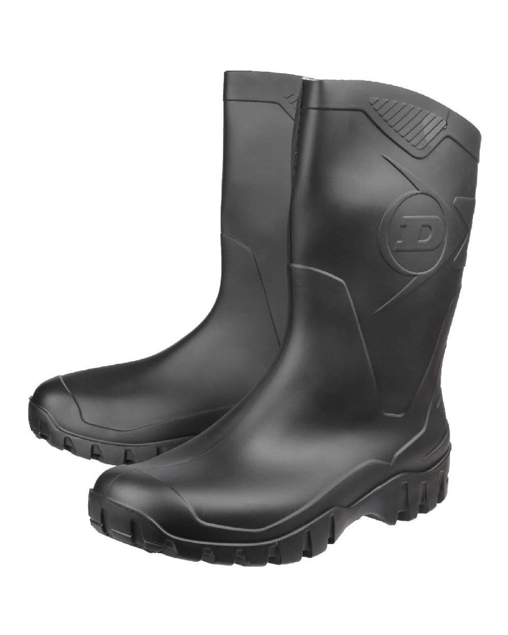 Black coloured Dunlop Dee Calf Length Wellingtons on white background