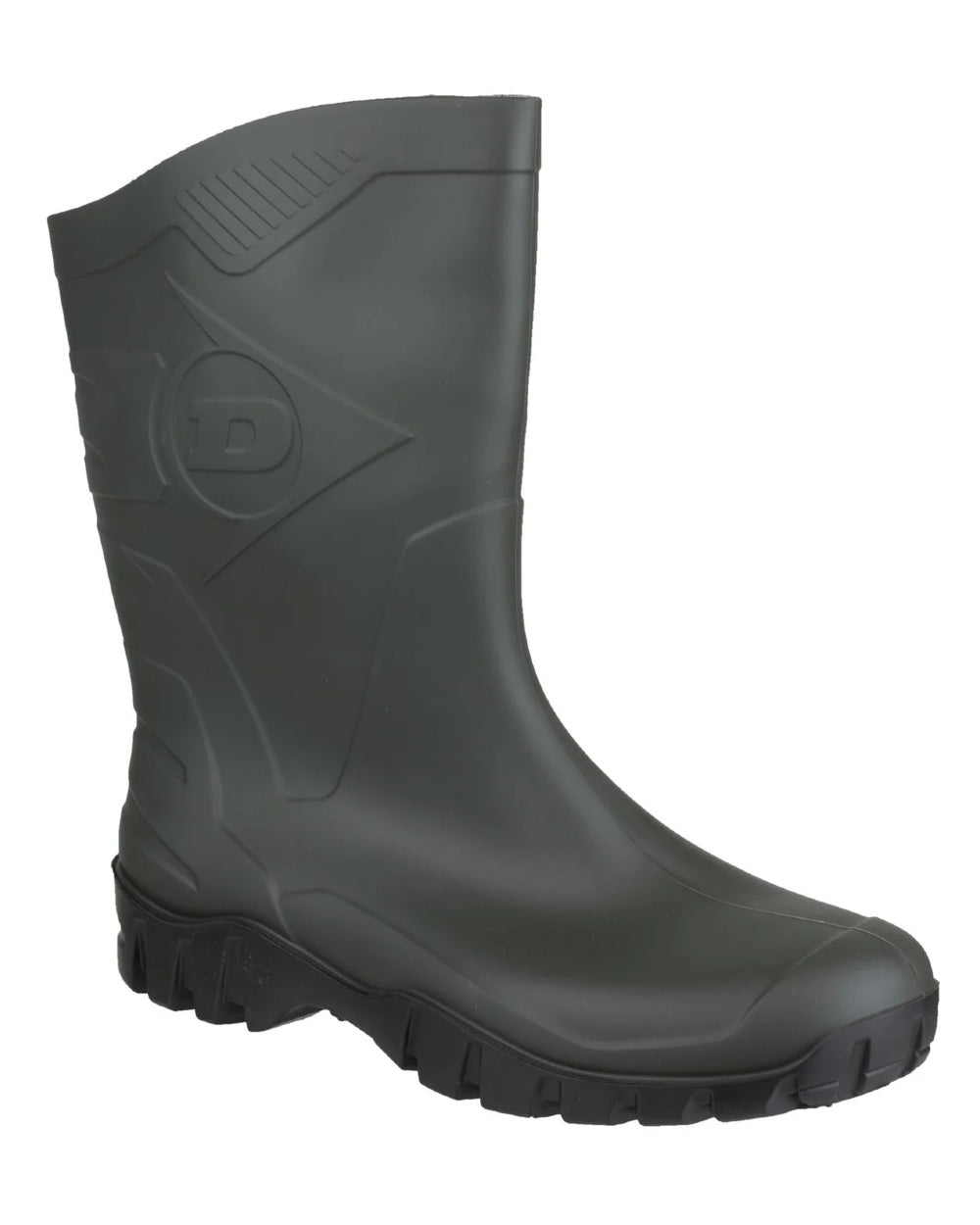 Green coloured Dunlop Dee Calf Length Wellingtons on white background