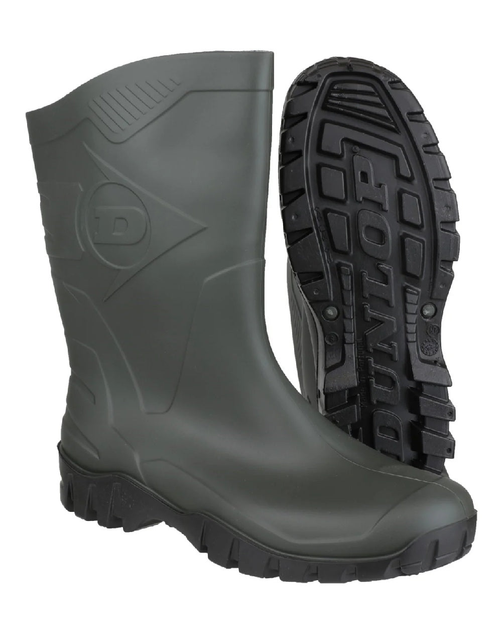 Green coloured Dunlop Dee Calf Length Wellingtons on white background