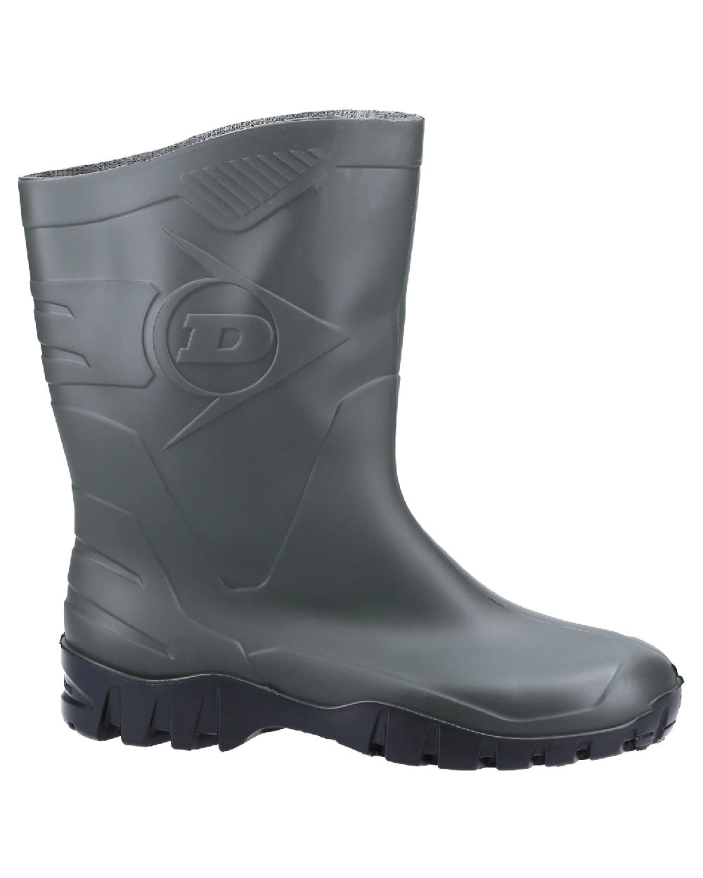 Green coloured Dunlop Dee Calf Length Wellingtons on white background