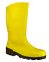 Yellow coloured Dunlop Devon Full Safety Wellingtons on white background