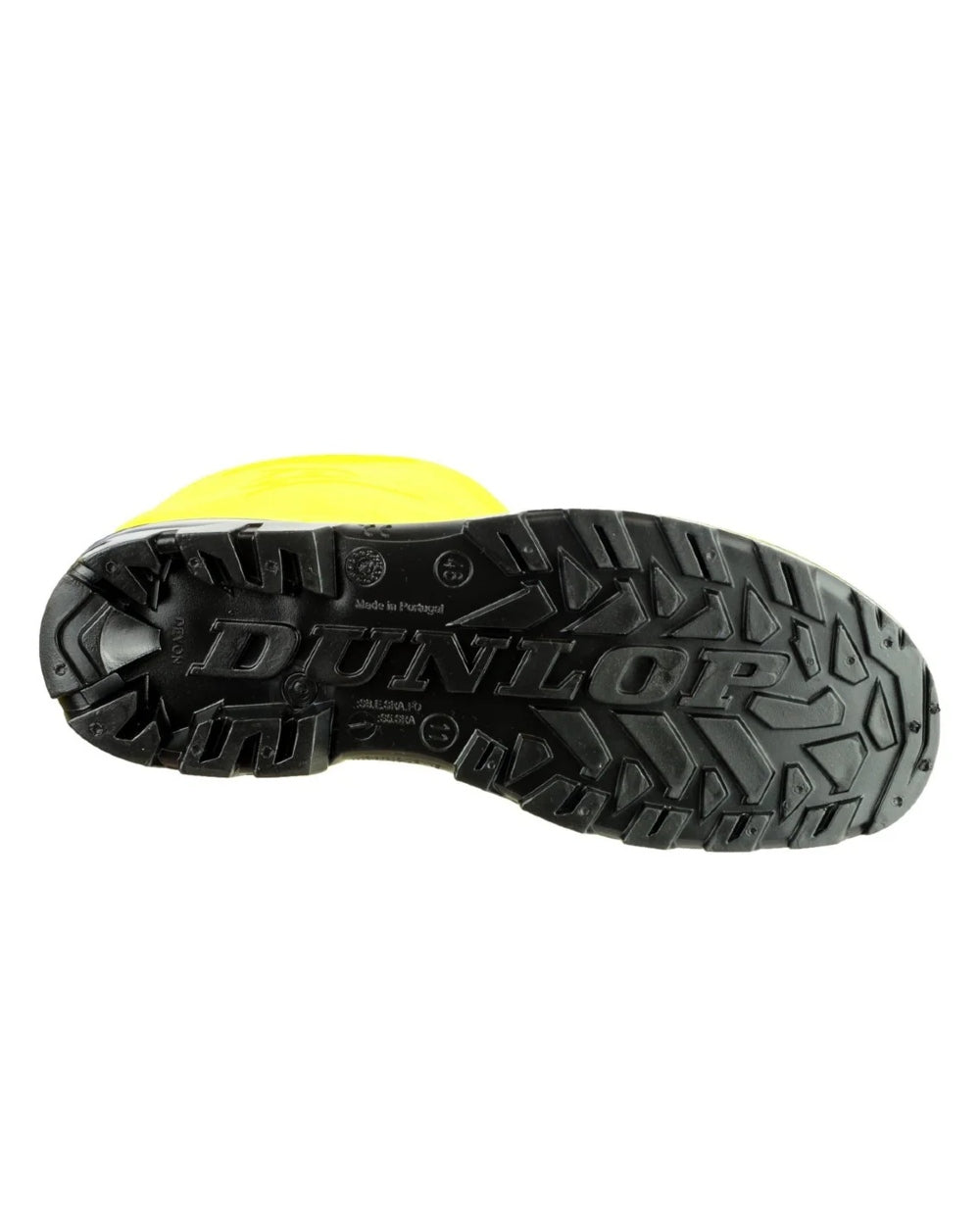 Yellow coloured Dunlop Devon Full Safety Wellingtons on white background