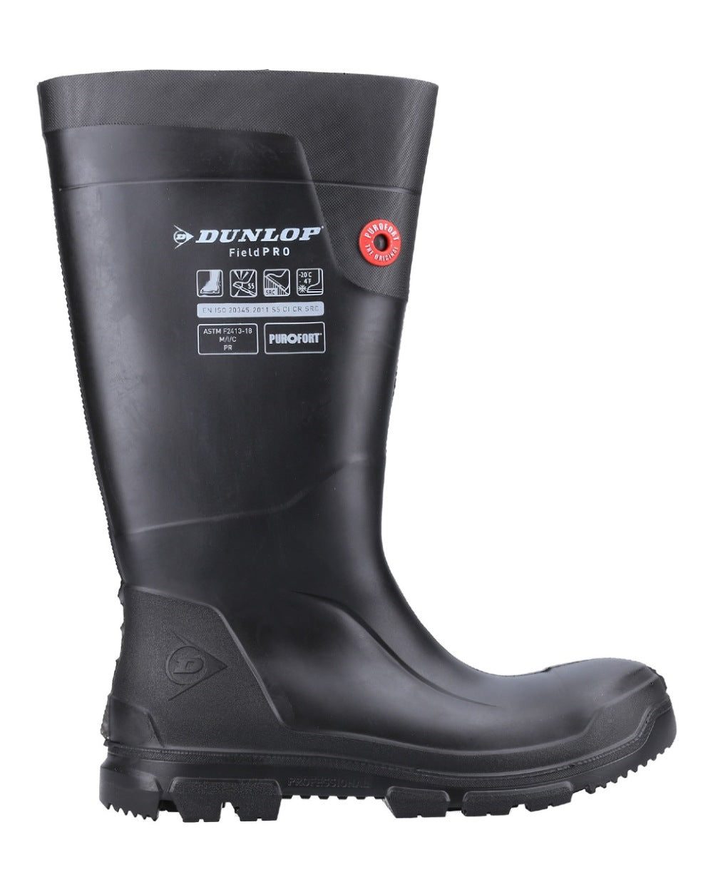 Black coloured Dunlop FieldPro Full Safety Wellingtons on white background