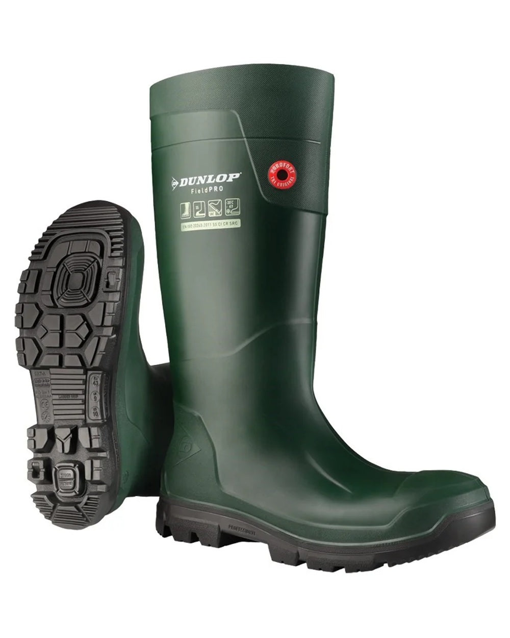 Green coloured Dunlop FieldPro Full Safety Wellingtons on white background