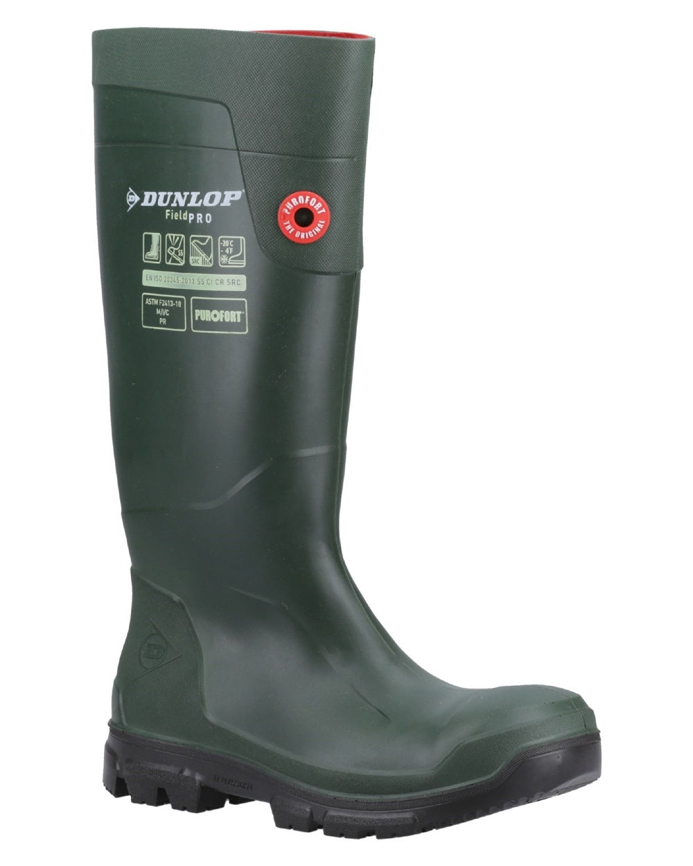 Green coloured Dunlop FieldPro Full Safety Wellingtons on white background