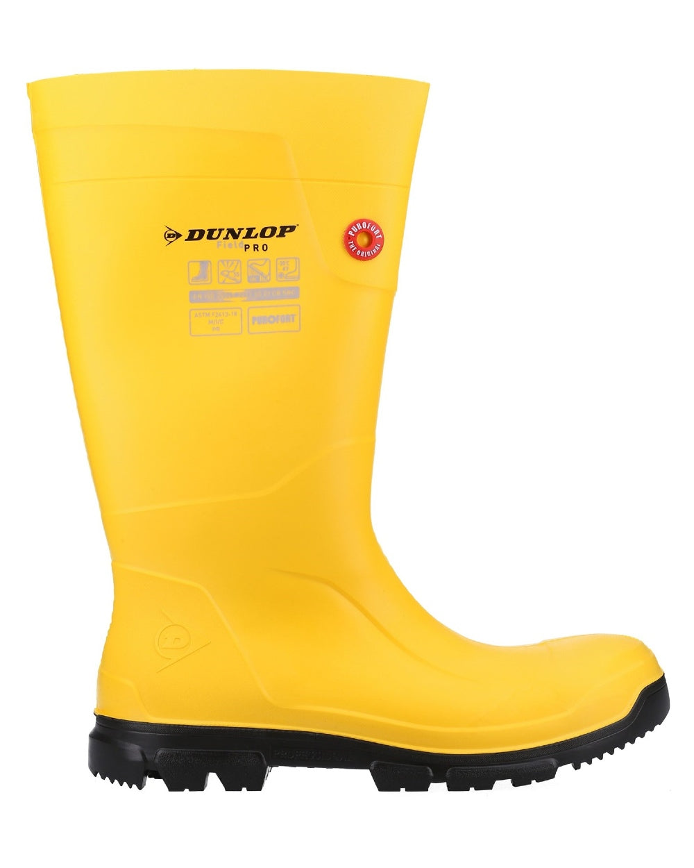 Yellow coloured Dunlop FieldPro Full Safety Wellingtons on white background