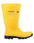 Yellow coloured Dunlop FieldPro Full Safety Wellingtons on white background