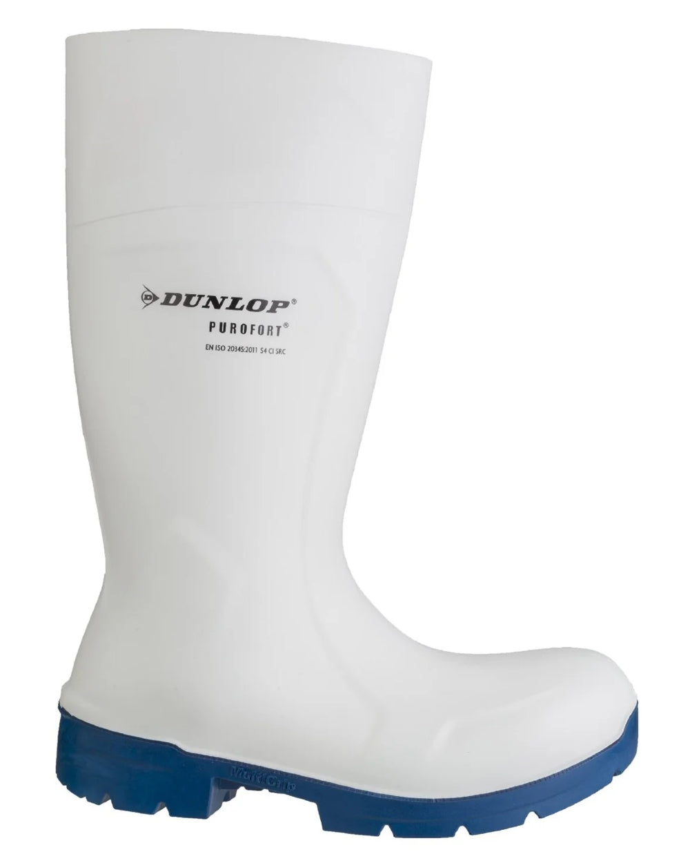 White coloured Dunlop Food Pro Multigrip Safety Wellingtons on white background