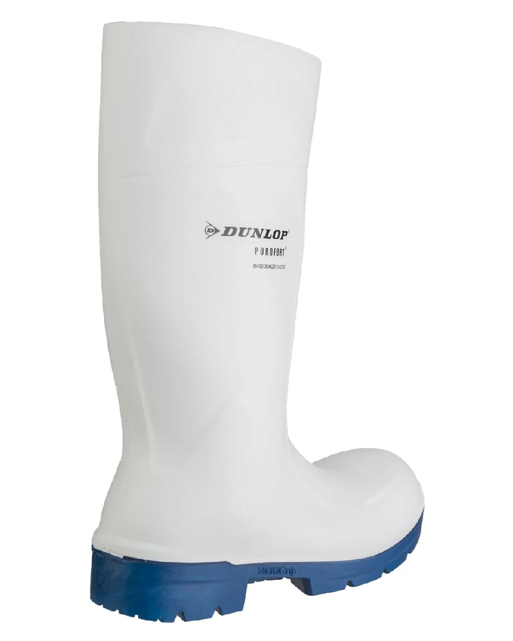White coloured Dunlop Food Pro Multigrip Safety Wellingtons on white background