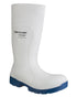 White coloured Dunlop Food Pro Multigrip Safety Wellingtons on white background