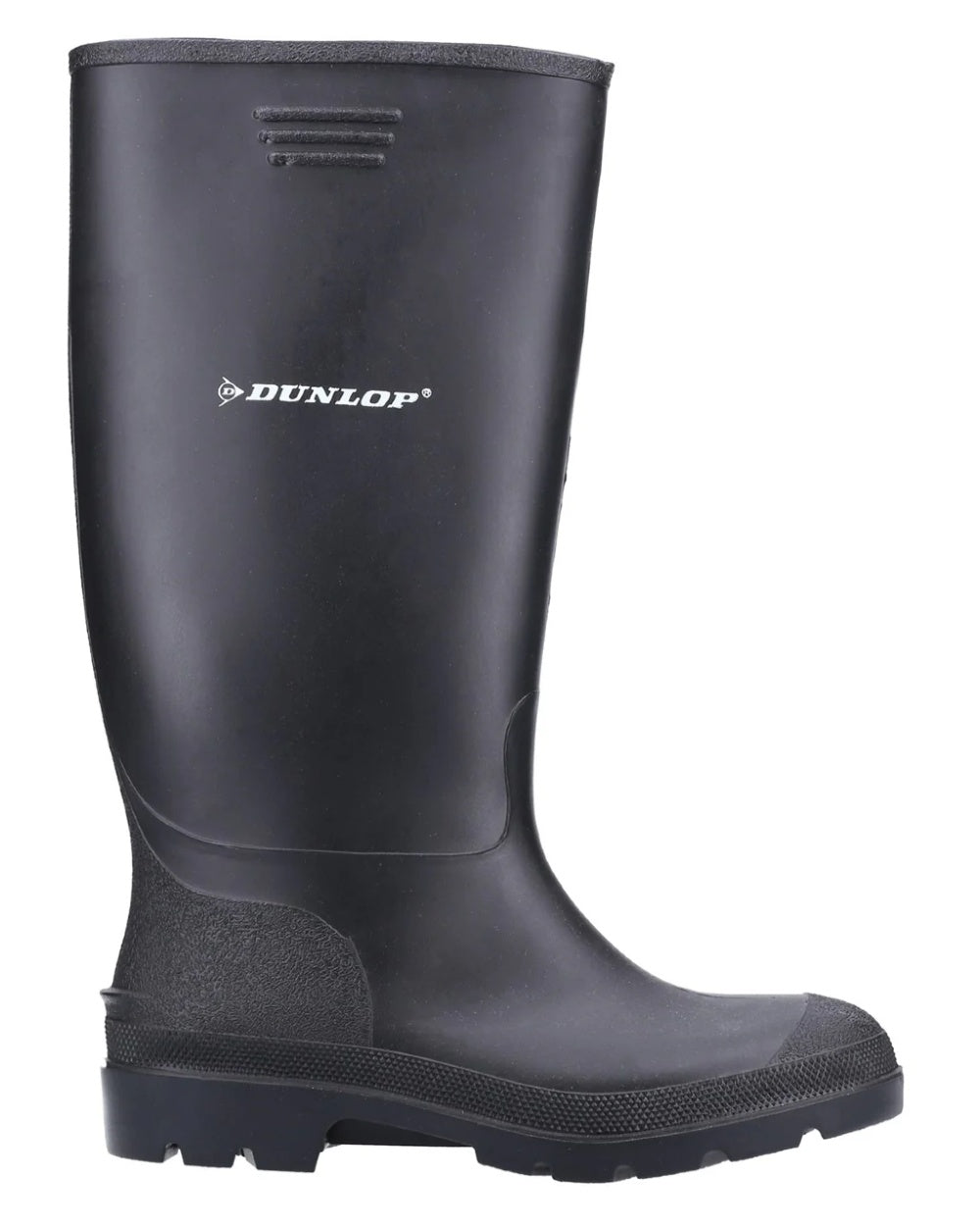 Black coloured Dunlop Pricemastor Wellingtons on white background