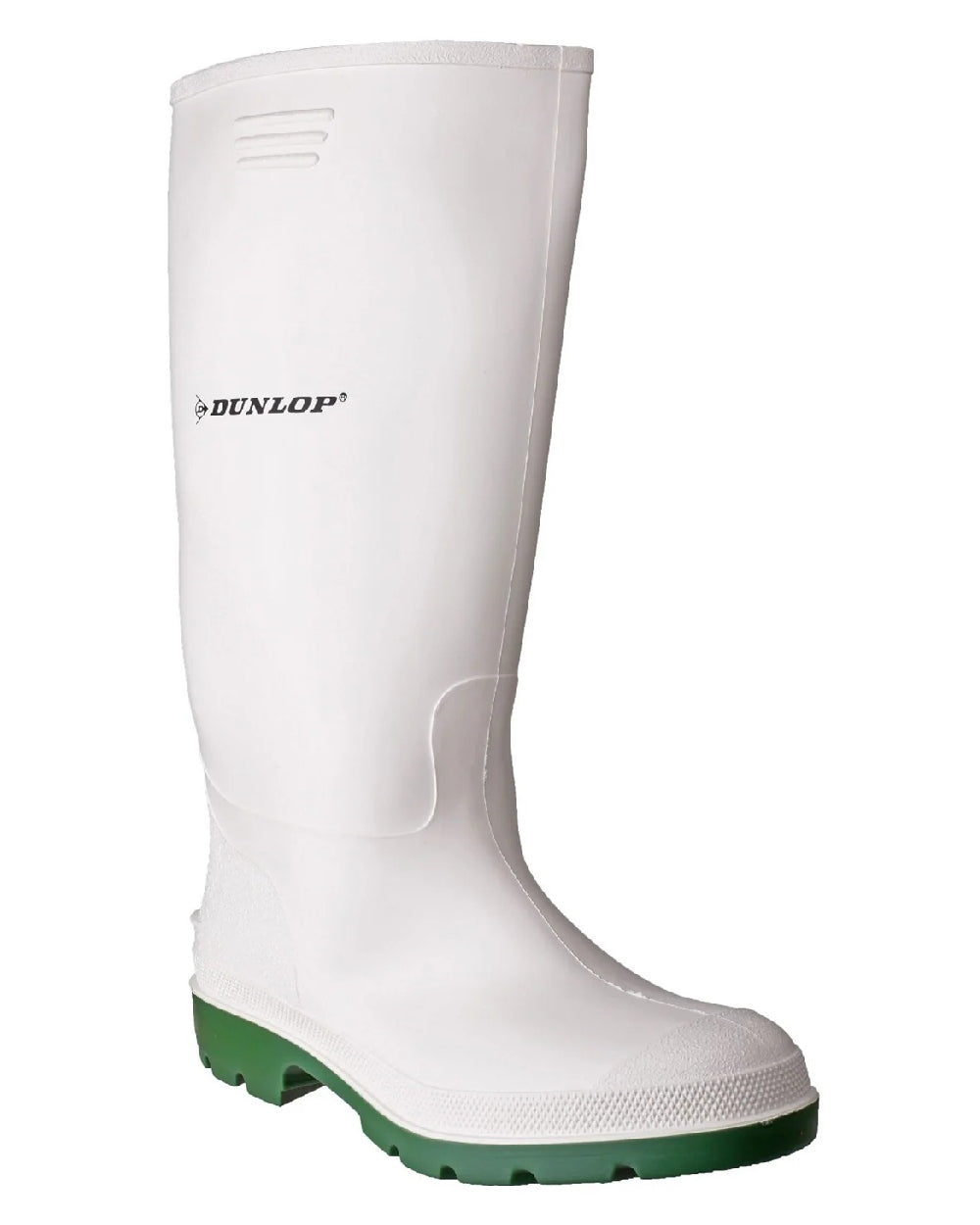 White/Green coloured Dunlop Pricemastor Wellingtons on blurry background