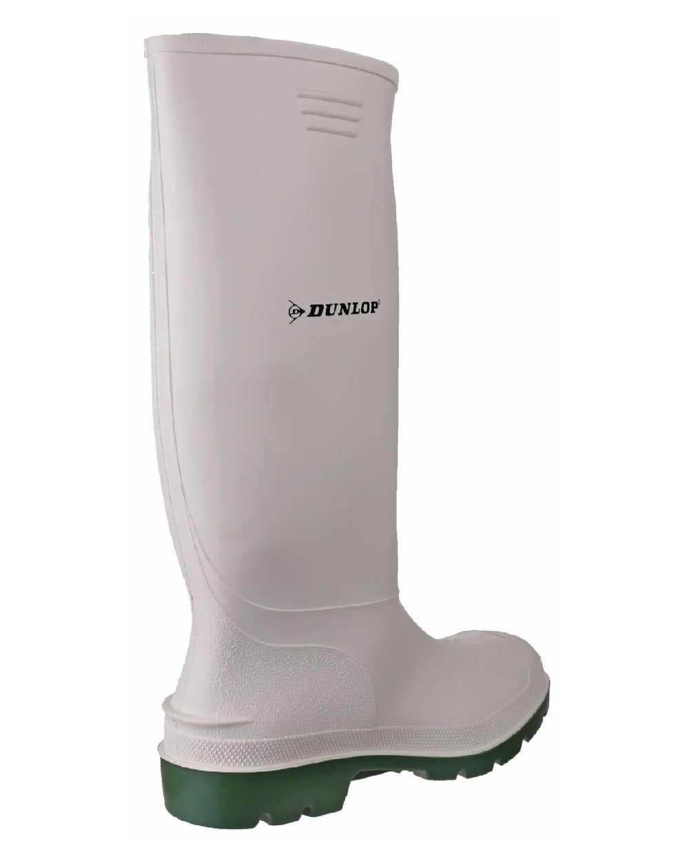 White/Green coloured Dunlop Pricemastor Wellingtons on blurry background
