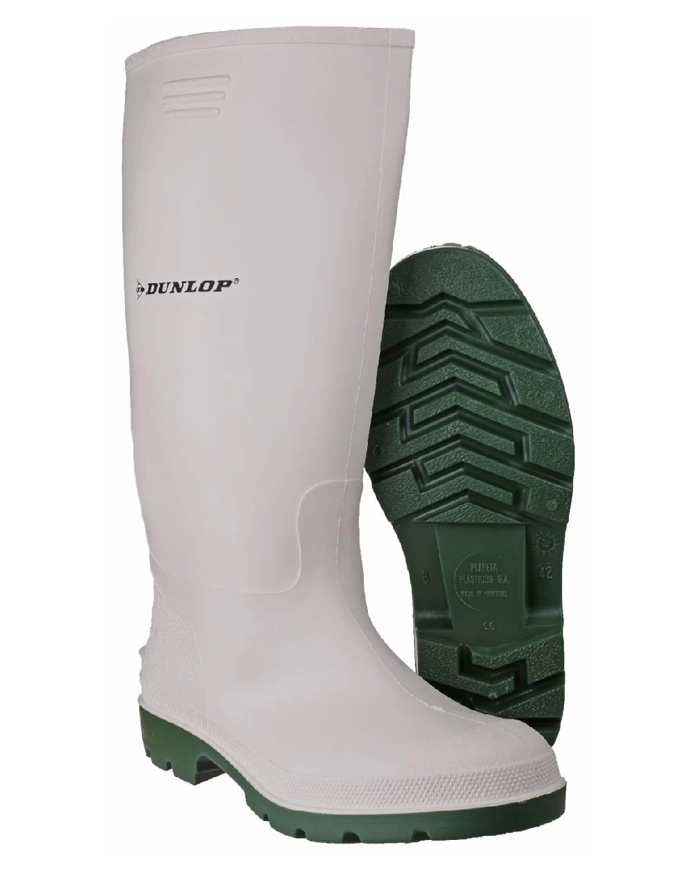 White/Green coloured Dunlop Pricemastor Wellingtons on blurry background