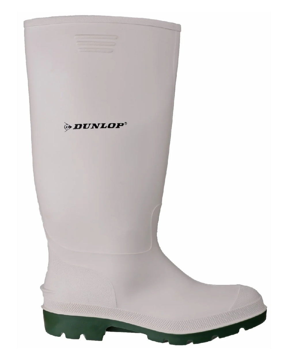 White/Green coloured Dunlop Pricemastor Wellingtons on blurry background