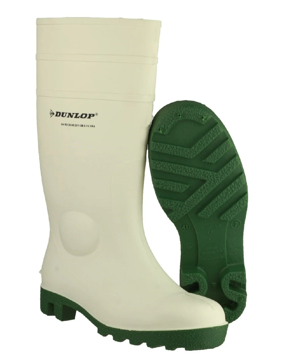 White coloured Dunlop Protomastor Safety Wellingtons on white background