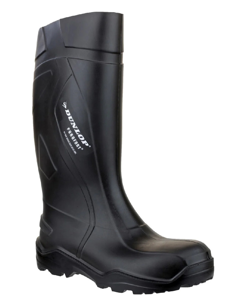 Black coloured Dunlop Purofort+ Full Safety Wellington on white background