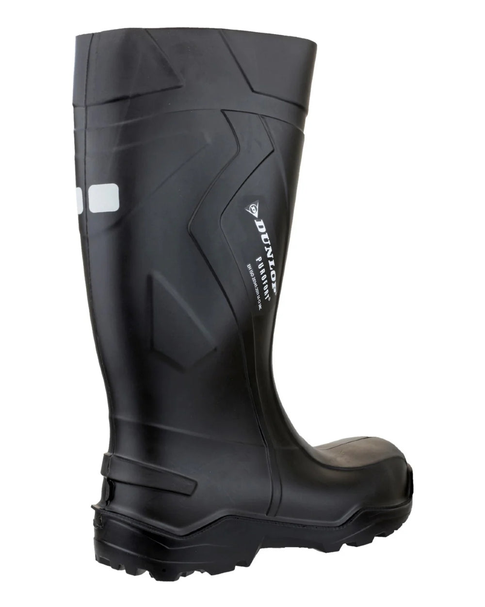 Black coloured Dunlop Purofort+ Full Safety Wellington on white background
