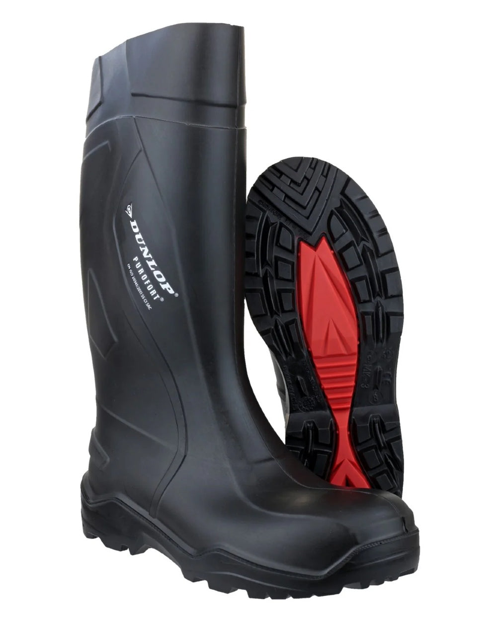 Black coloured Dunlop Purofort+ Full Safety Wellington on white background