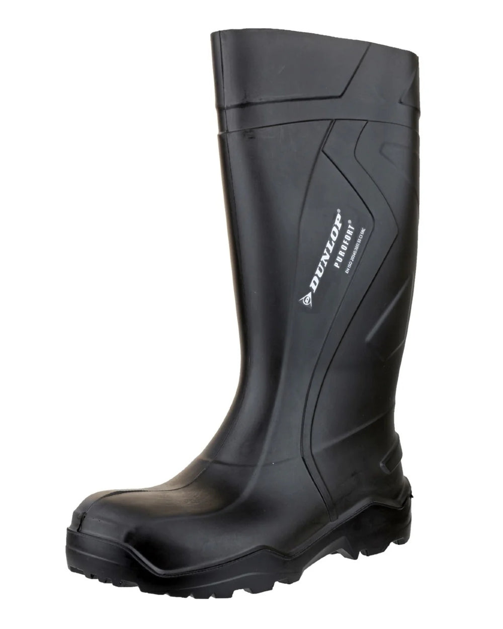 Black coloured Dunlop Purofort+ Full Safety Wellington on white background