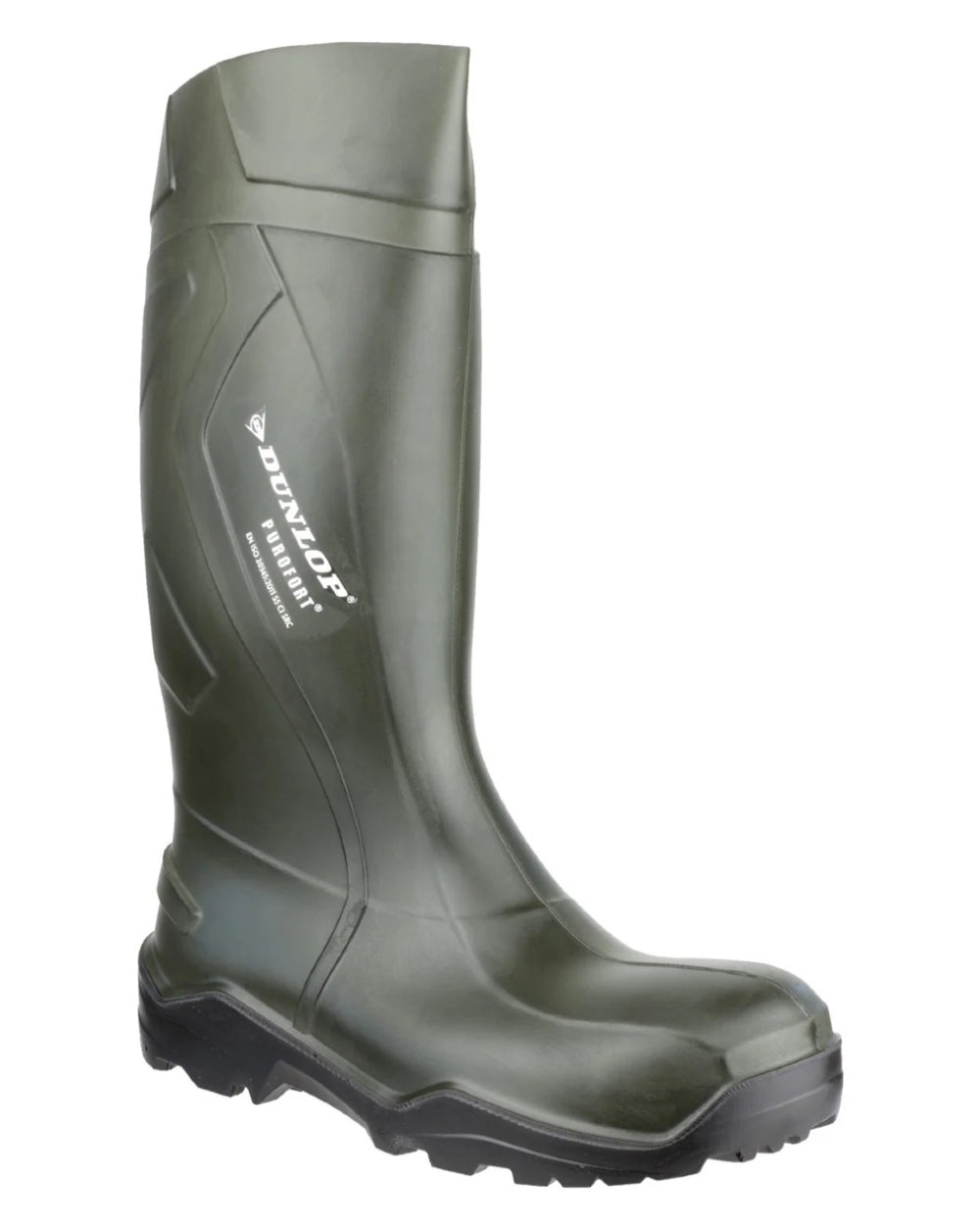 Green coloured Dunlop Purofort+ Full Safety Wellington on white background