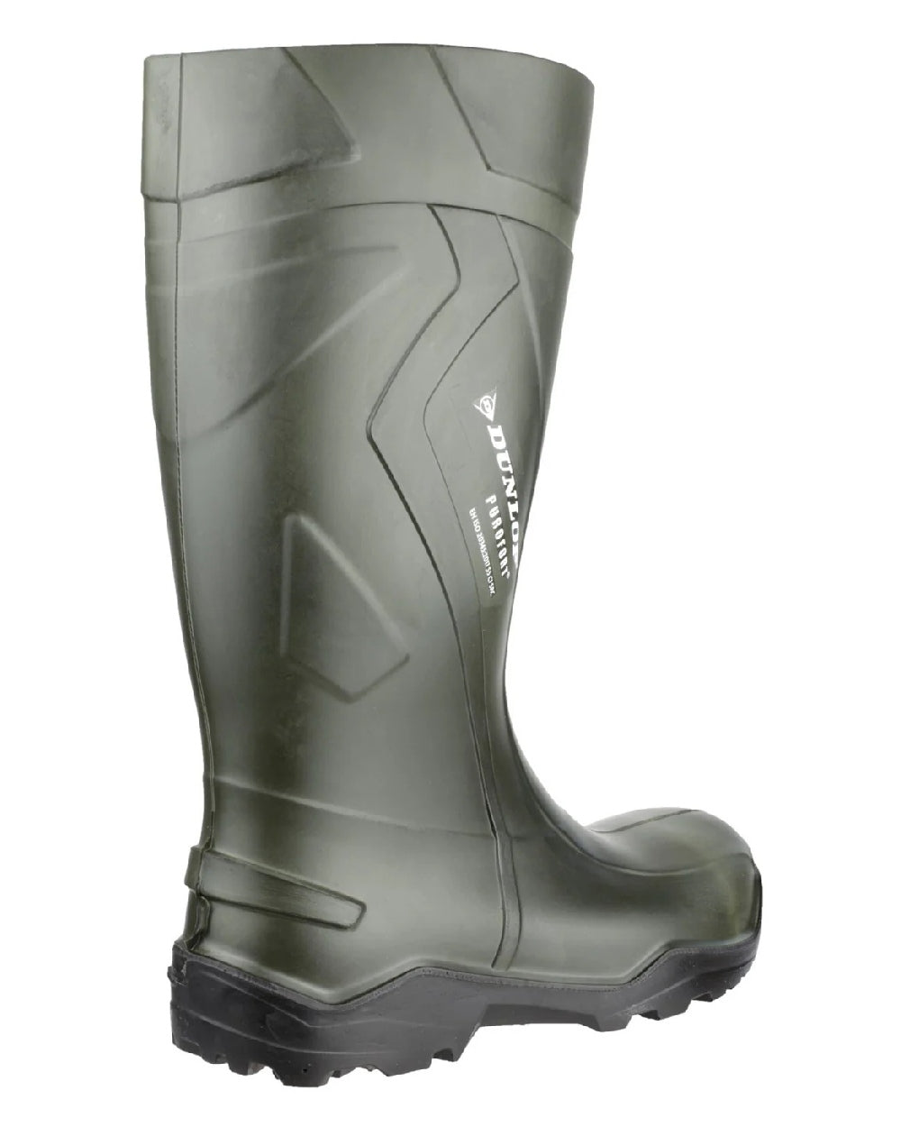 Green coloured Dunlop Purofort+ Full Safety Wellington on white background