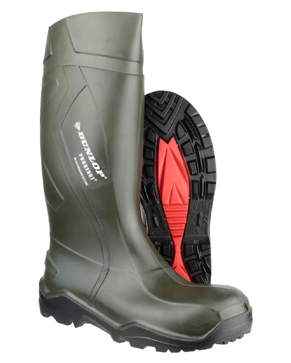 Green coloured Dunlop Purofort+ Full Safety Wellington on white background